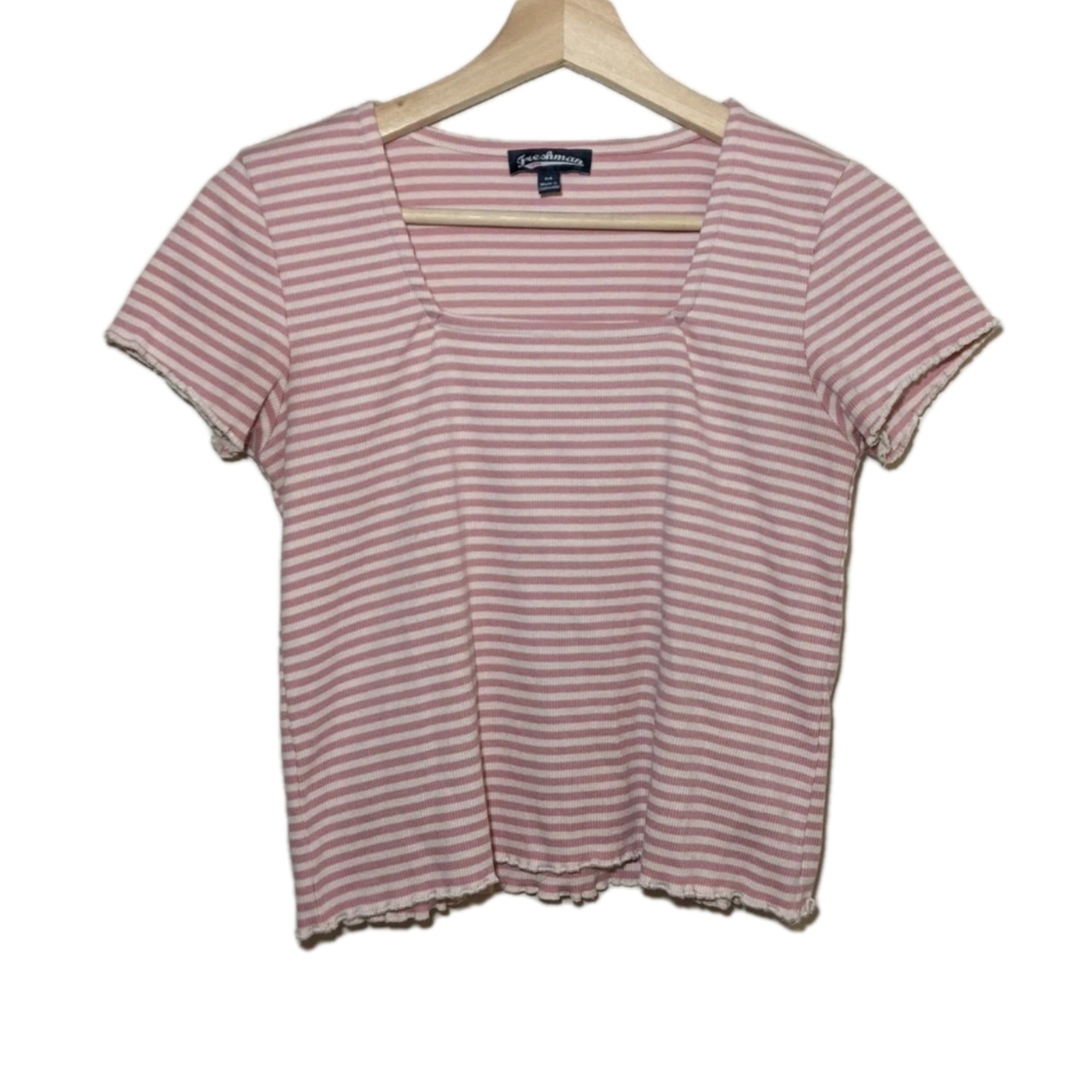 Y2K Pink White Striped Cropped Baby Doll Short Sleeve Top Medium Streetwear